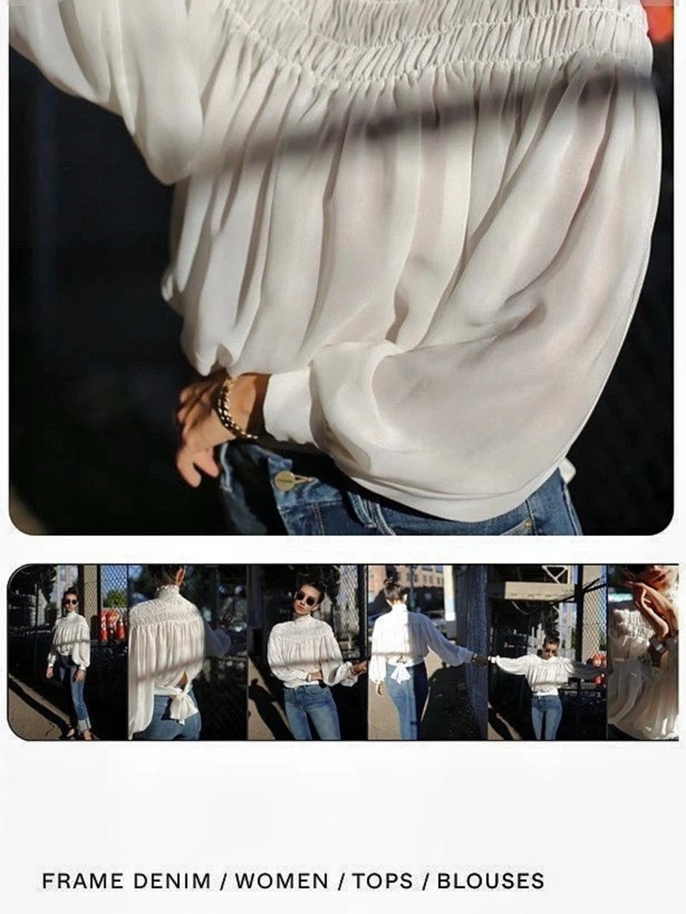 Frame Smocked Tie Back Blouse in White - Picture 5 of 5